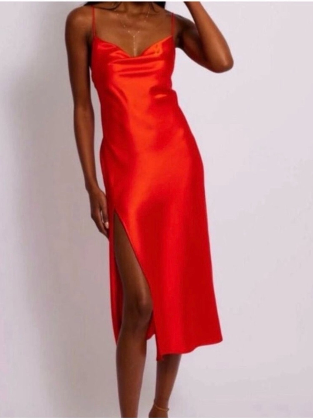 RESA Red Satin Cowl-Neck Slip Midi Dress
